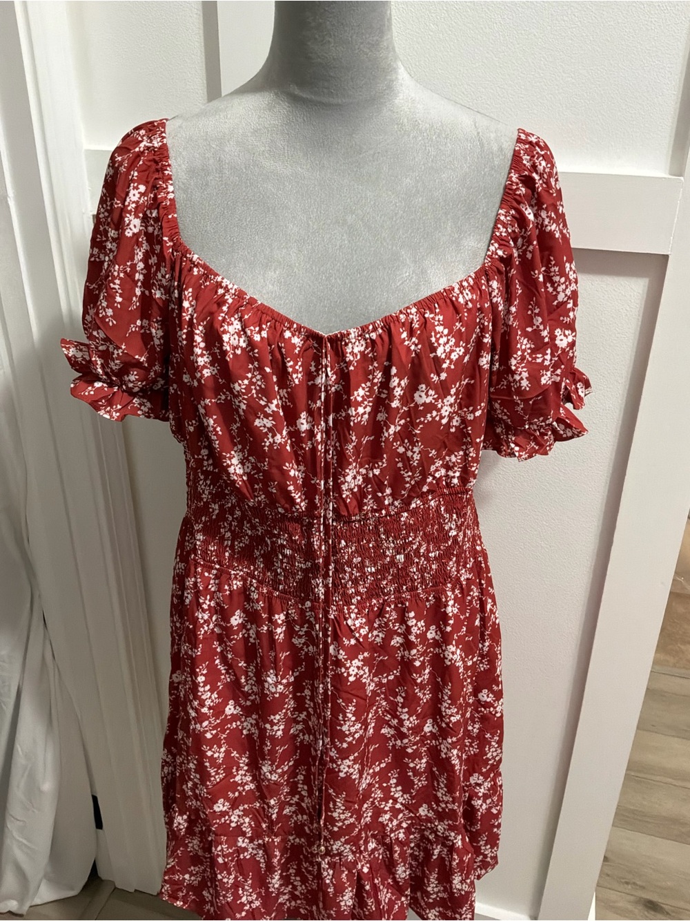 Floral Square-Neck Midi Dress in Red
